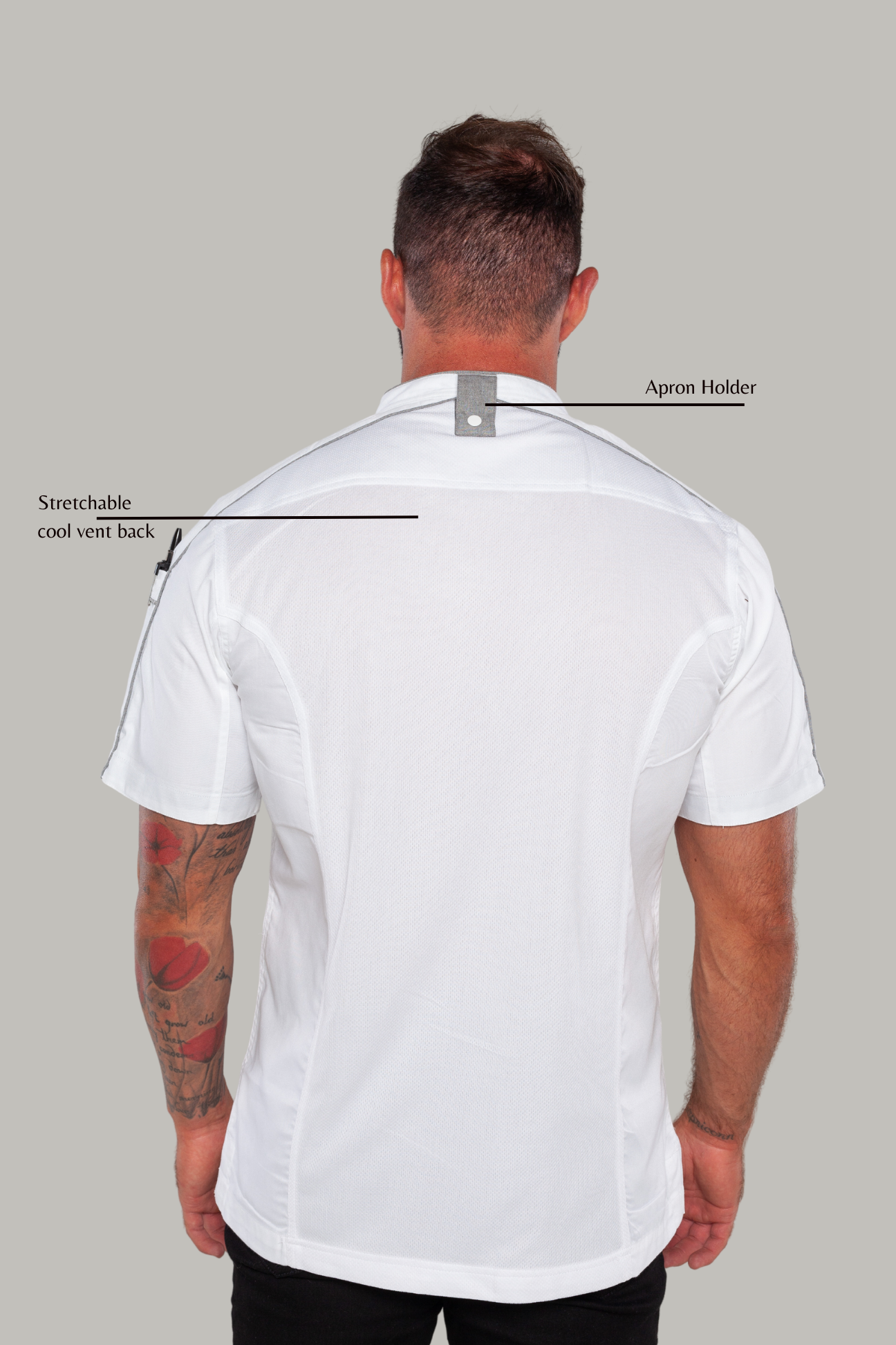 Bryan chef jacket, white with grey trim and CoolVent-feature.