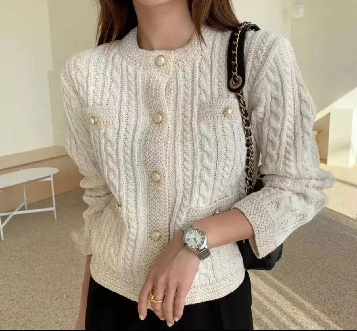 Chain Stitch Sweater With Pearl Buttons