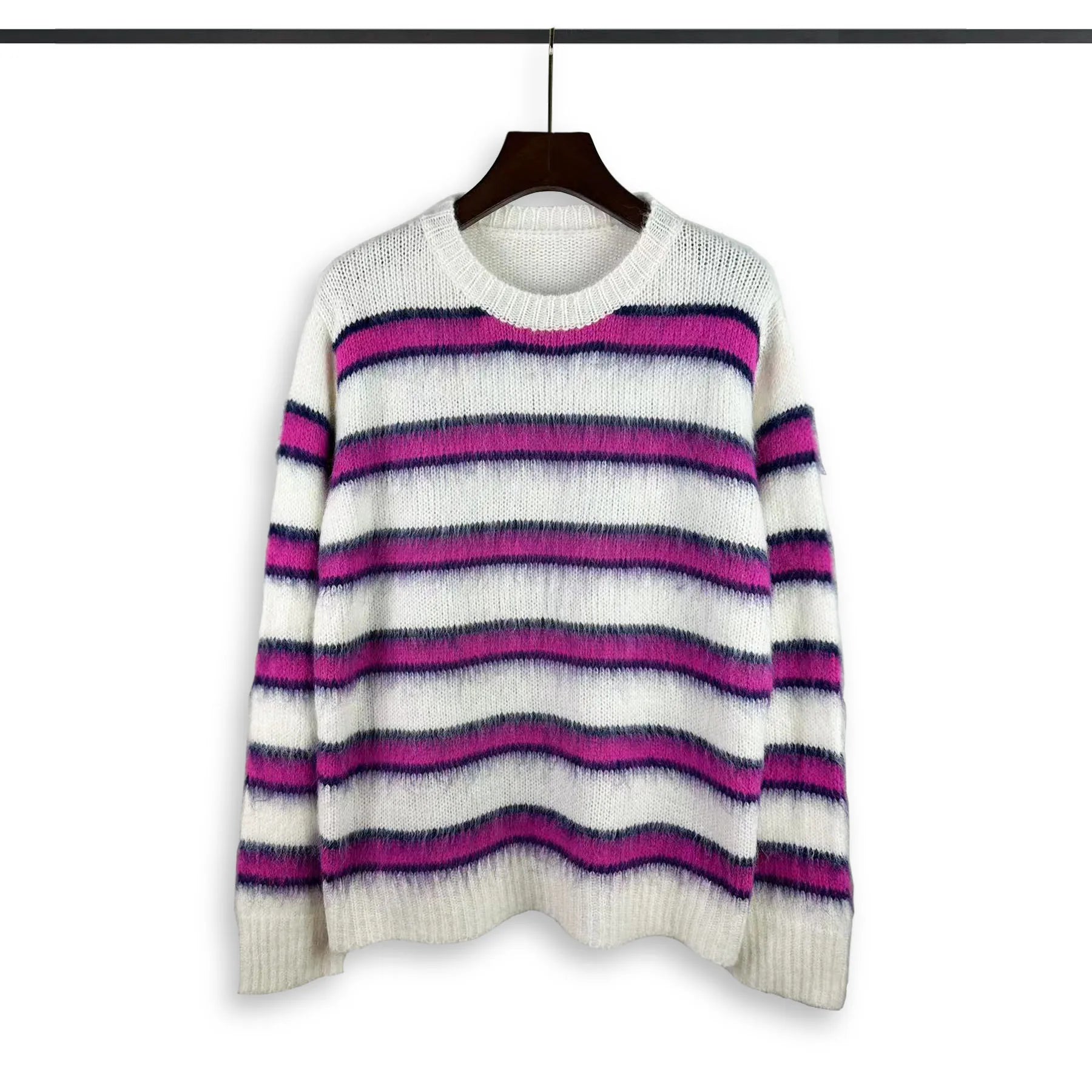 Color Stripe Knit Sweater - Autumn Winter Round Neck - Oversize Loose Mohair Contrast Pullovers