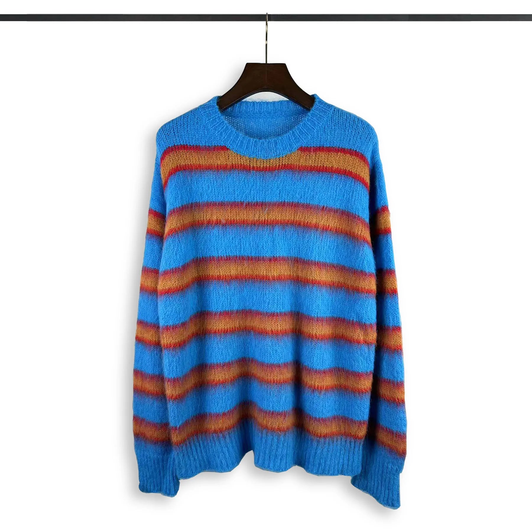 Color Stripe Knit Sweater - Autumn Winter Round Neck - Oversize Loose Mohair Contrast Pullovers