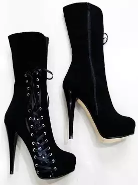 Corset Style Black Suede Boots - Mid Calf Length