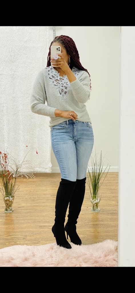 Crocheted lace trim sweater