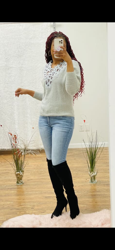 Crocheted lace trim sweater