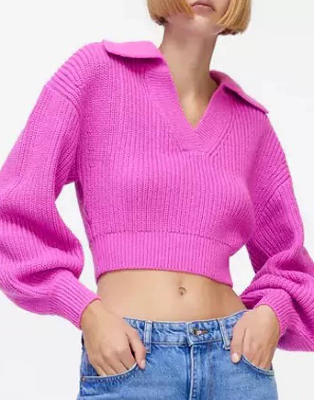 Cropped Pink Sweater with Short Collar