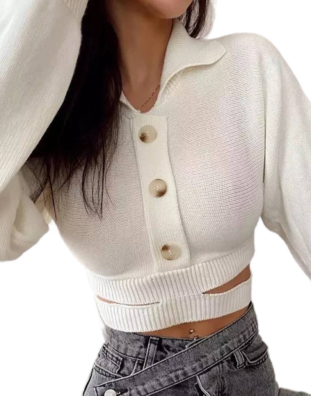 Cropped Sweater with Cut Out Collar