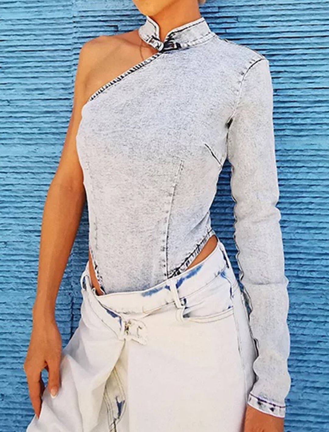 Denim Bodysuit with Single Sleeve