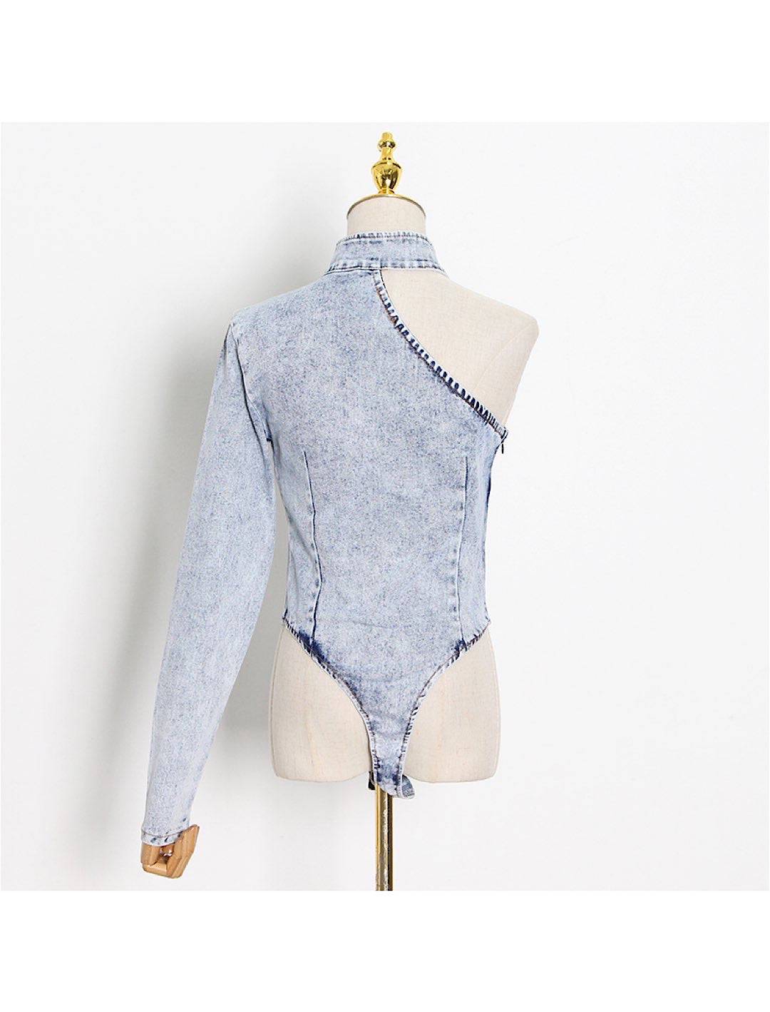 Denim Bodysuit with Single Sleeve