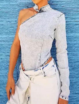 Denim Bodysuit with Single Sleeve