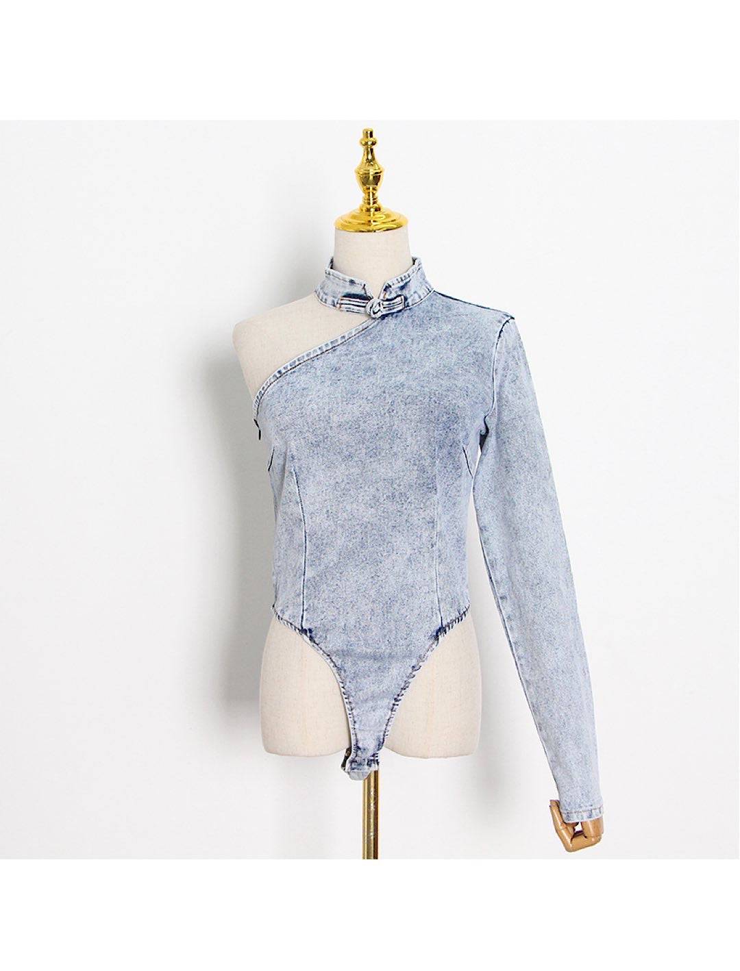 Denim Bodysuit with Single Sleeve