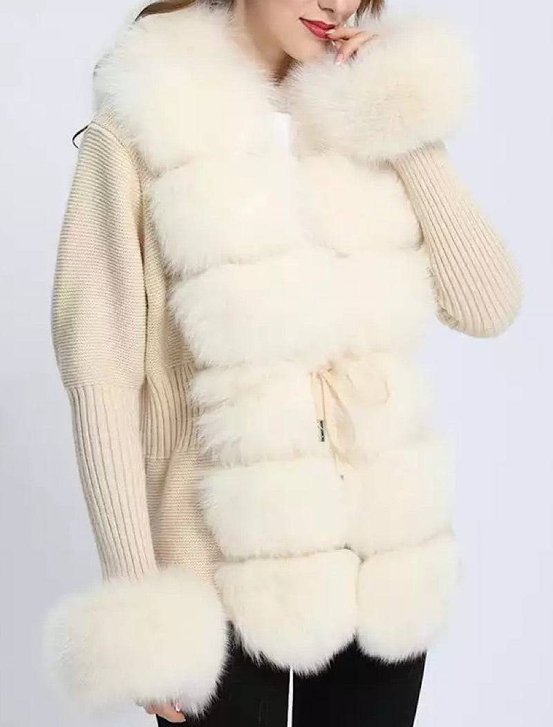 Detachable Beige Fox Fur Trim Ribbed Knit Sweater