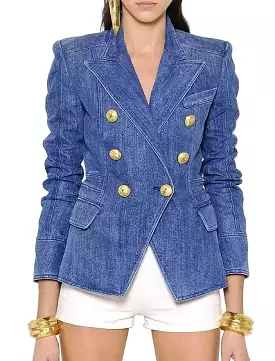 Double Breasted Denim Blazer - Gold Buttons