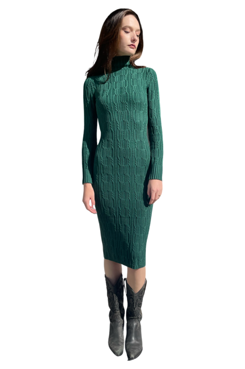 Emerald Green Ribbed Turtleneck Midi Dress