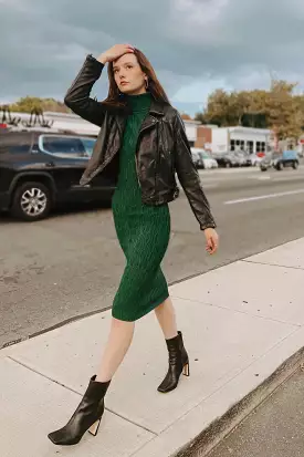 Emerald Green Ribbed Turtleneck Midi Dress