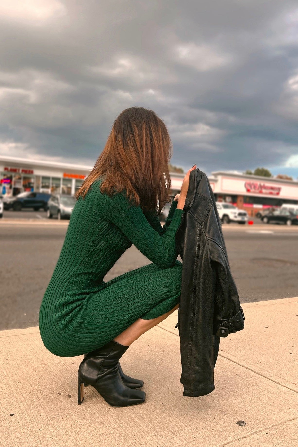 Emerald Green Ribbed Turtleneck Midi Dress