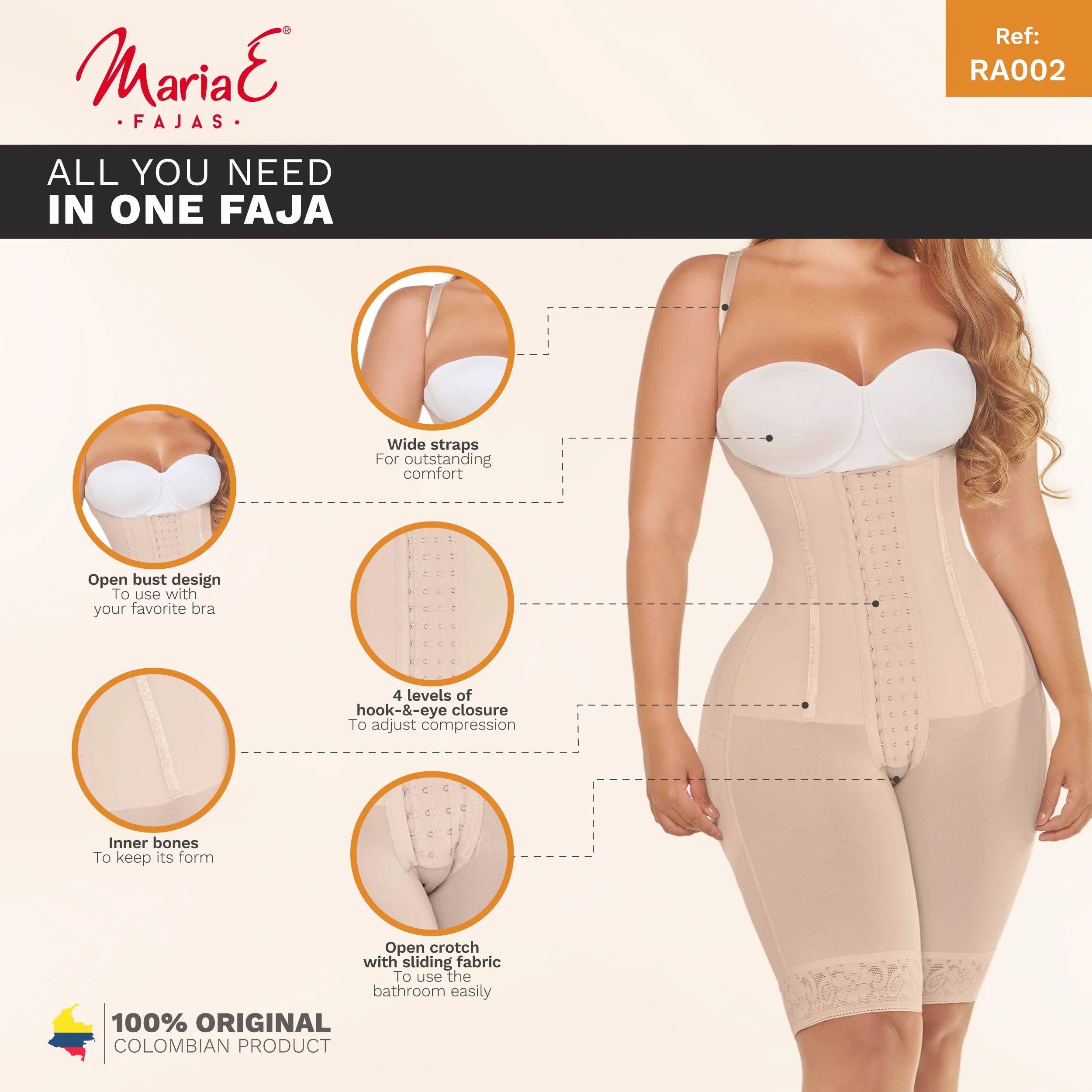 FAJAS MARIAE RA002 | Colombian Bodysuit with Open Bust | Mid-Thigh Girdle with Butt Lifter | POWERNET