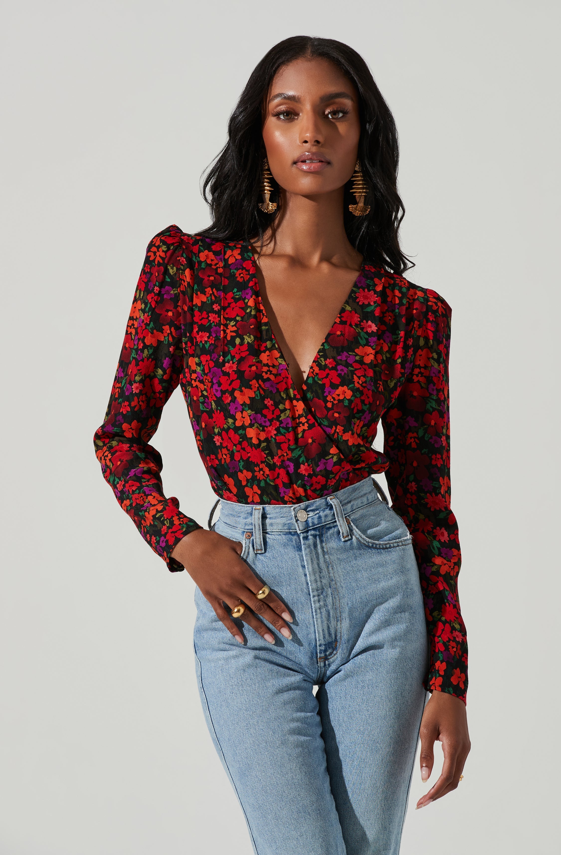 Floral Wrap Front Long Sleeve Bodysuit by Bartlett