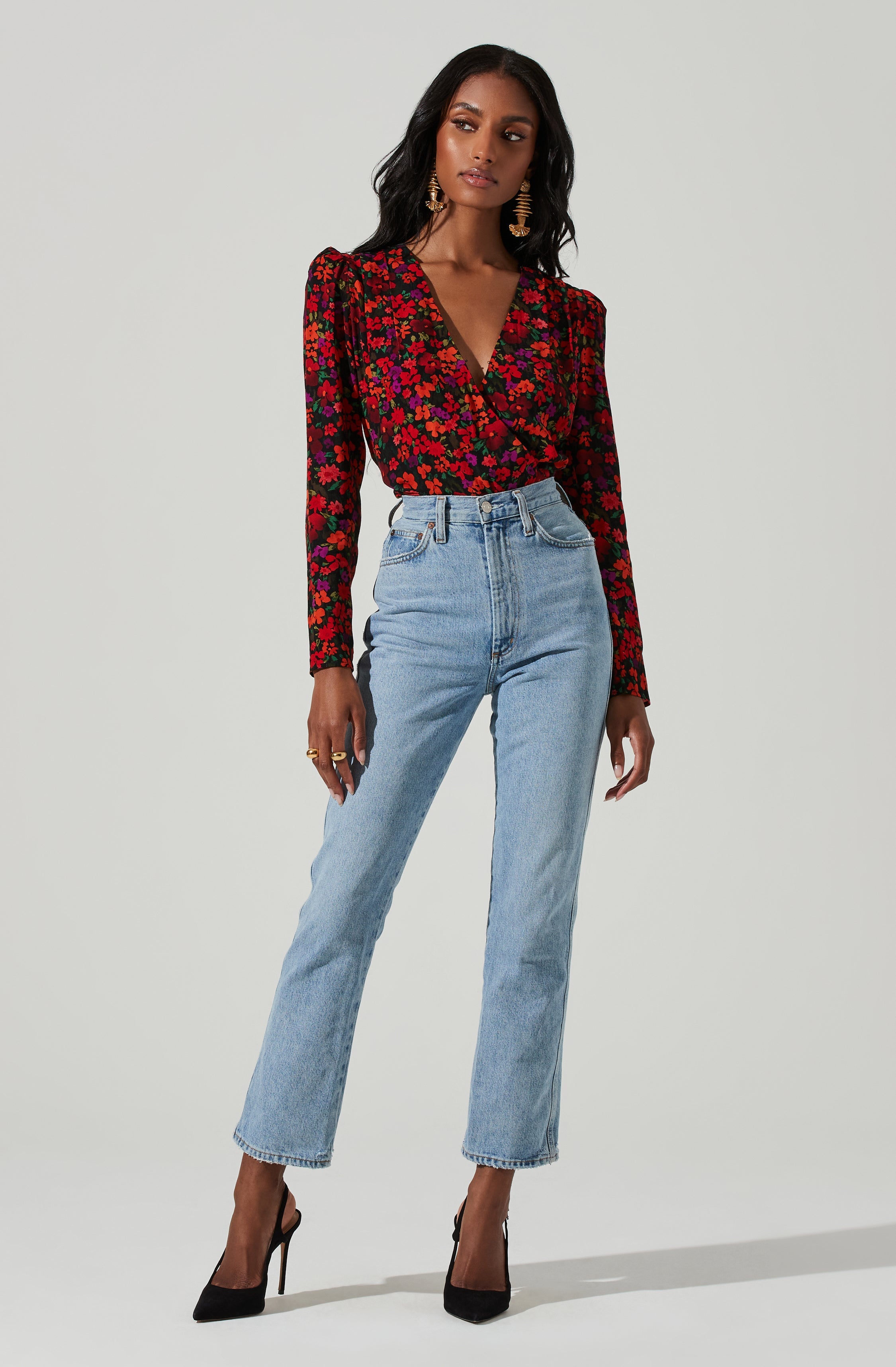 Floral Wrap Front Long Sleeve Bodysuit by Bartlett