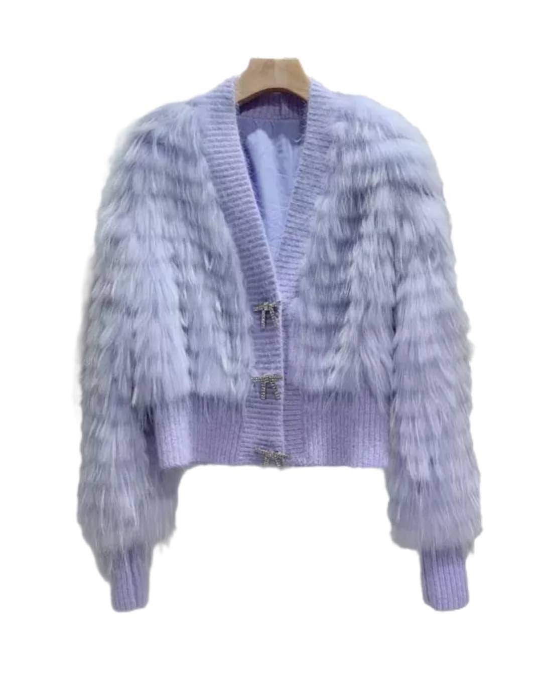 Genuine Raccoon Fur Sweater with Ribbon Buttons