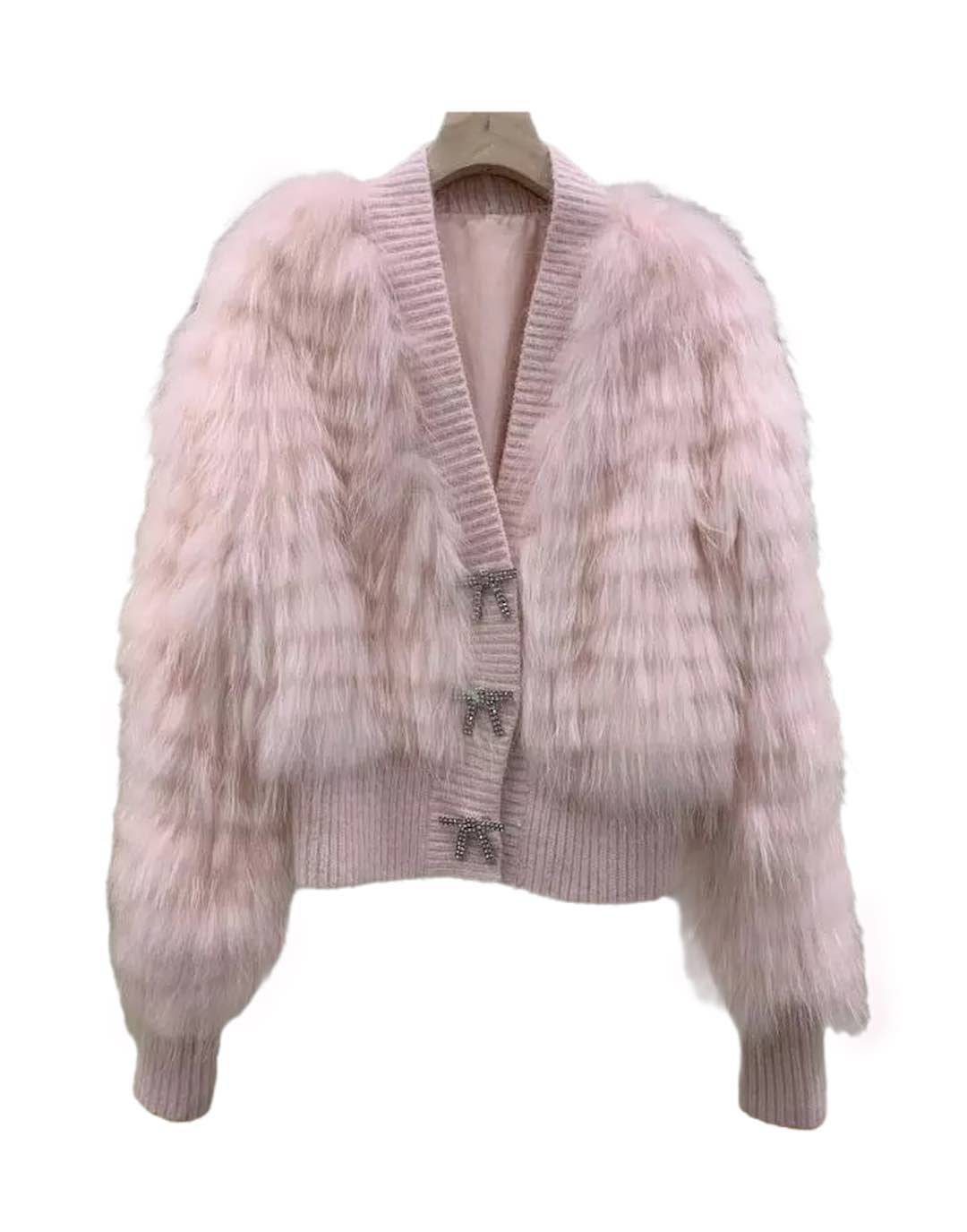 Genuine Raccoon Fur Sweater with Ribbon Buttons