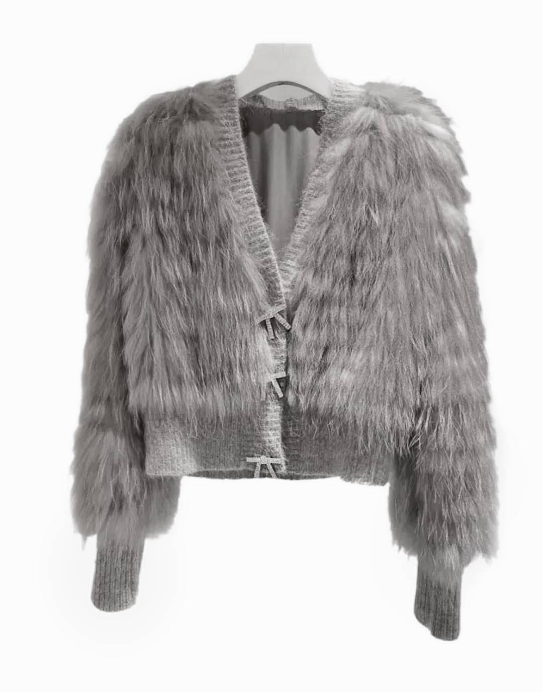 Genuine Raccoon Fur Sweater with Ribbon Buttons