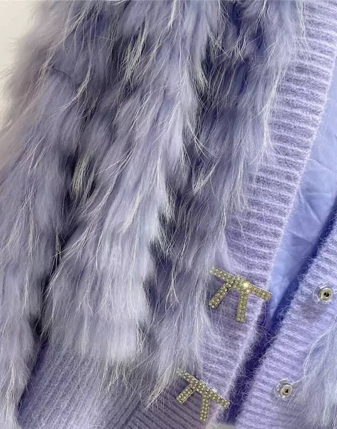 Genuine Raccoon Fur Sweater with Ribbon Buttons