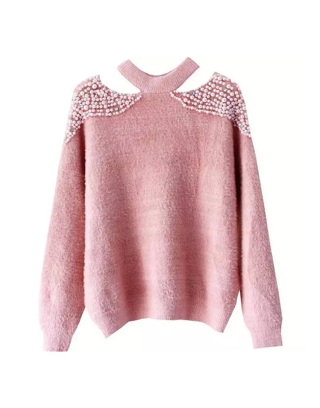 Google SEO result: Pearl Shoulder Cut Out Sweater - Fuzzy Knit Top