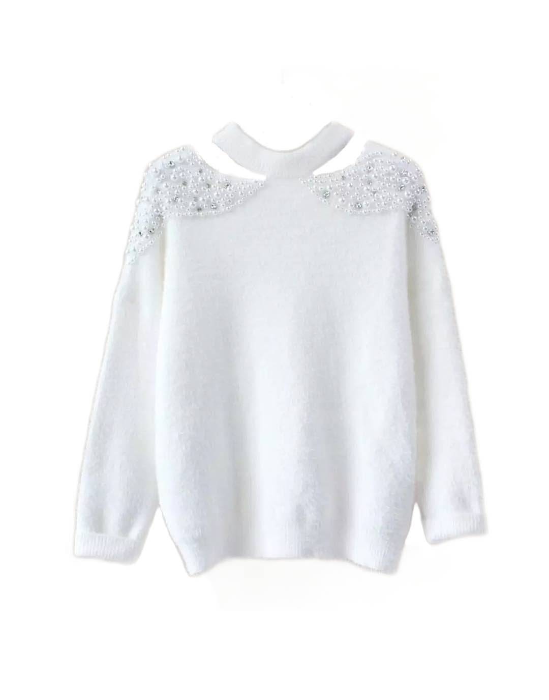 Google SEO result: Pearl Shoulder Cut Out Sweater - Fuzzy Knit Top