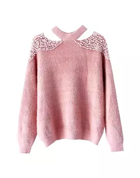 Google SEO result: Pearl Shoulder Cut Out Sweater - Fuzzy Knit Top