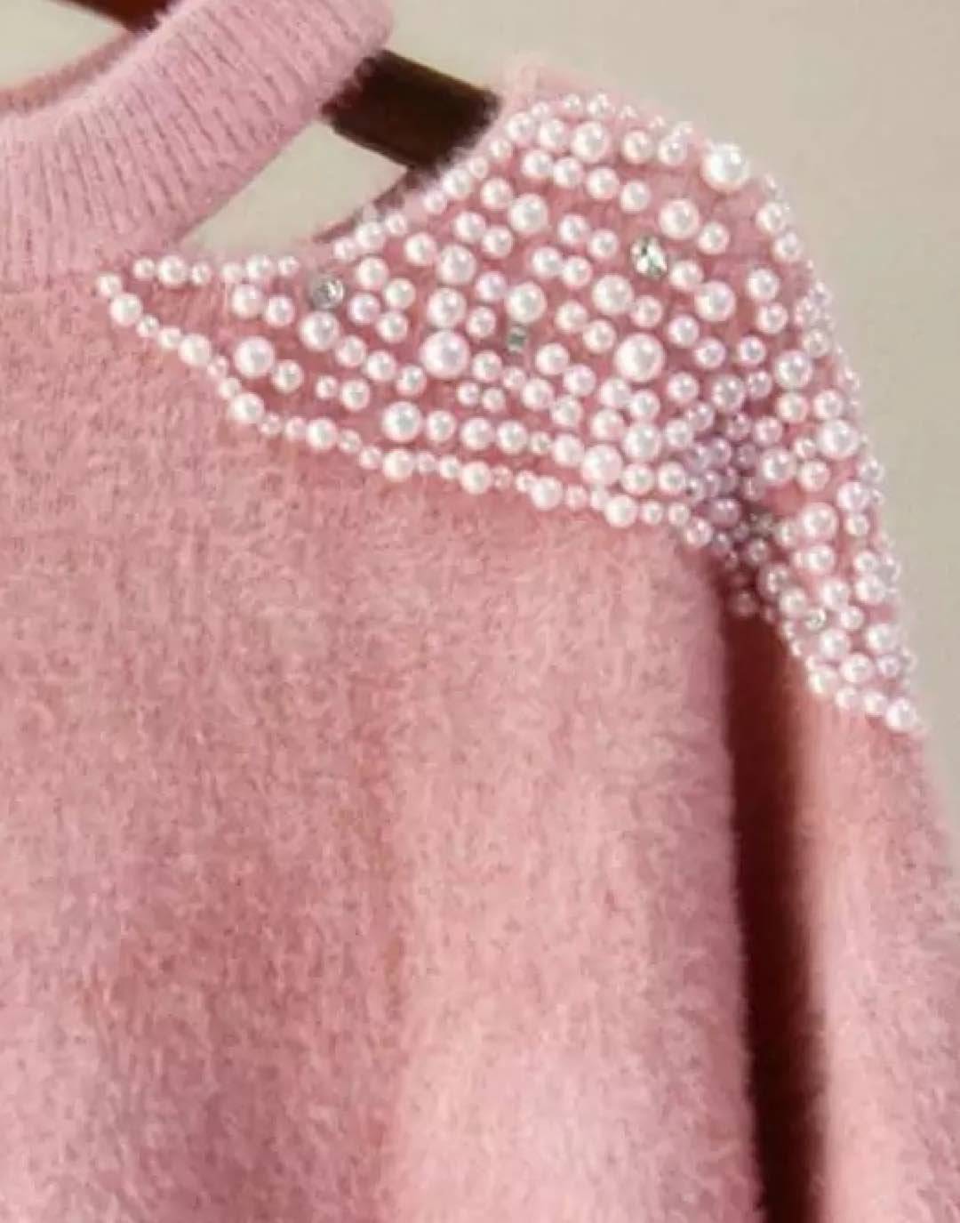 Google SEO result: Pearl Shoulder Cut Out Sweater - Fuzzy Knit Top