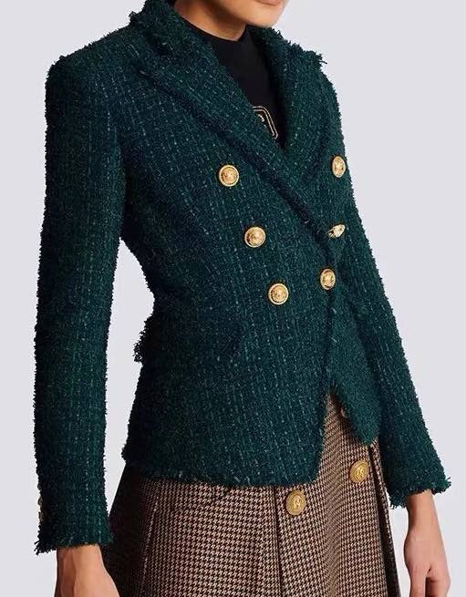 Green Tweed Blazer with Gold Button