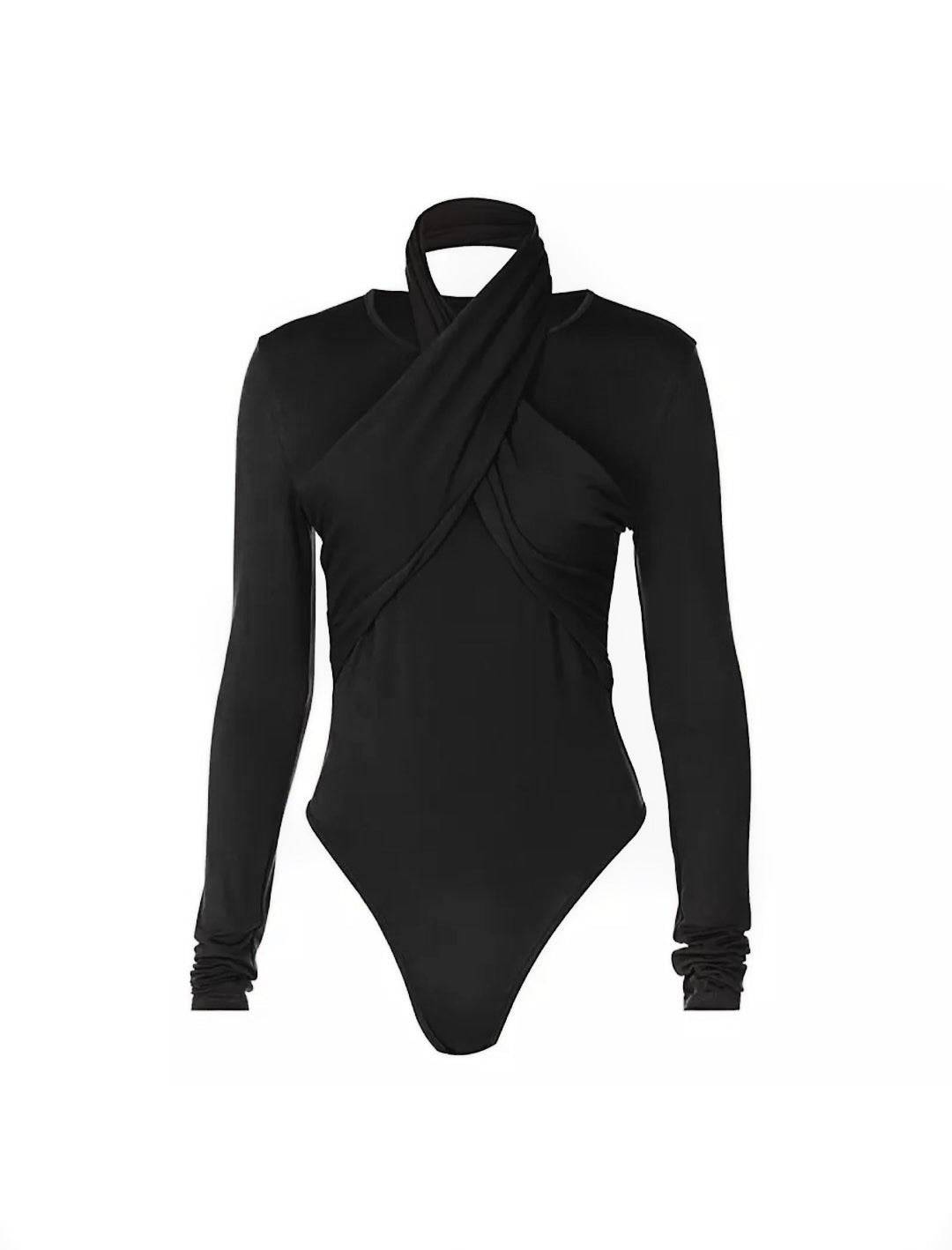 Halter Neck Long Sleeve Bodysuit - Black