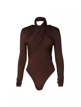 Halter Neck Long Sleeve Bodysuit - Black