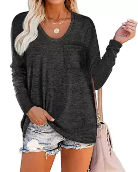 Haute Edition Long Sleeve Heather Pocket Scoop Neck Tunic Top