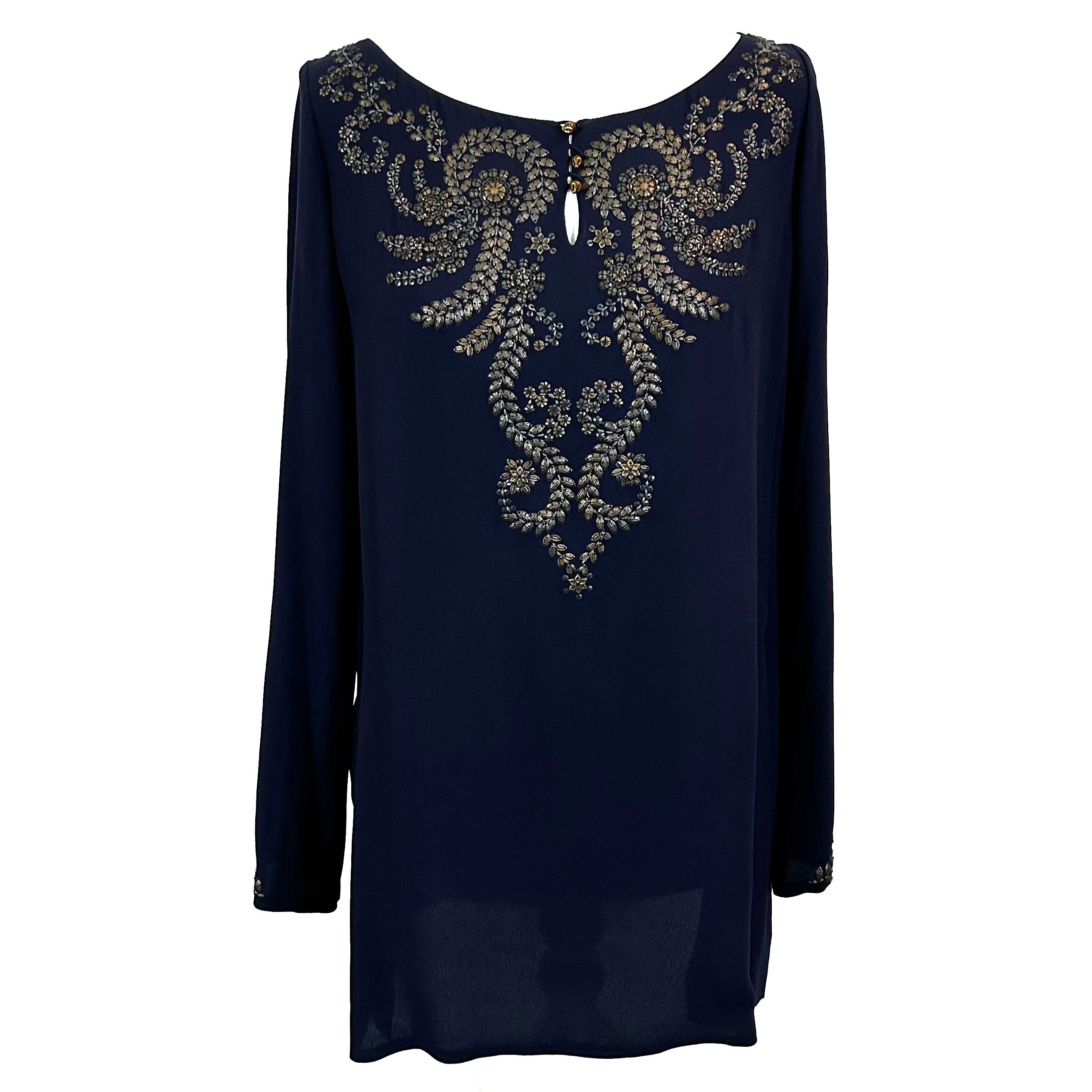 Hermes Navy Embellished Silk Chiffon Tunic Top M - Shop Now!