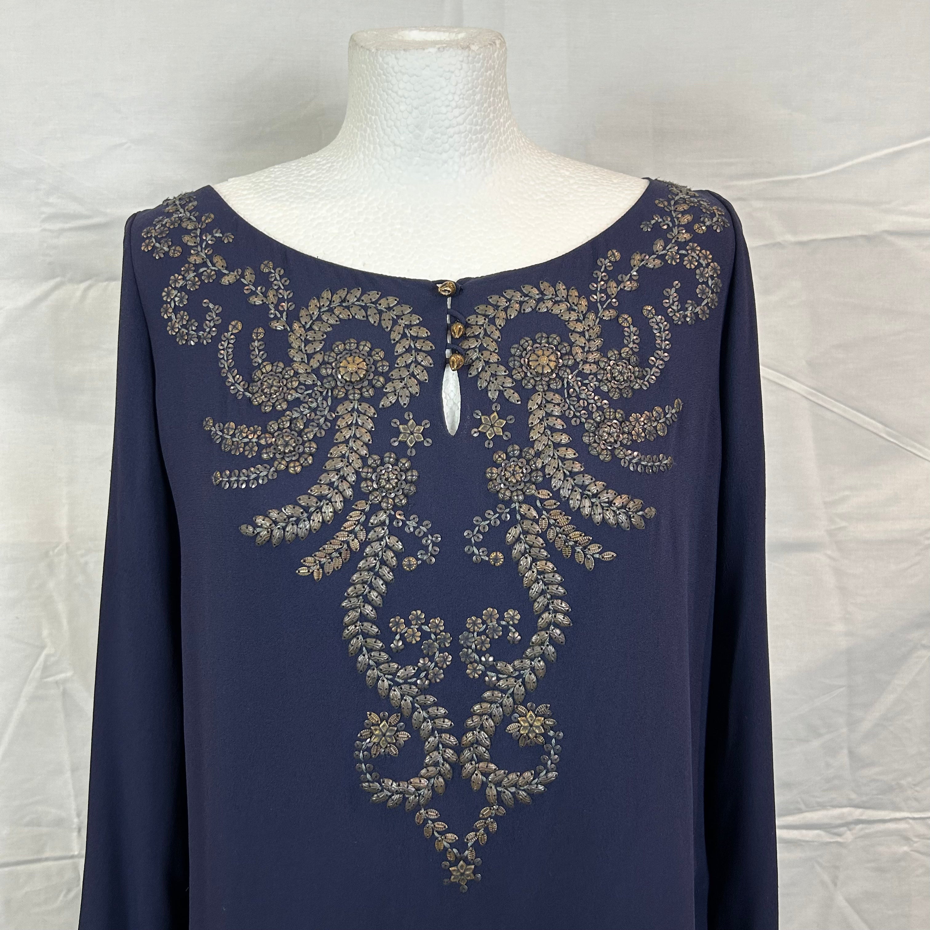 Hermes Navy Embellished Silk Chiffon Tunic Top M - Shop Now!