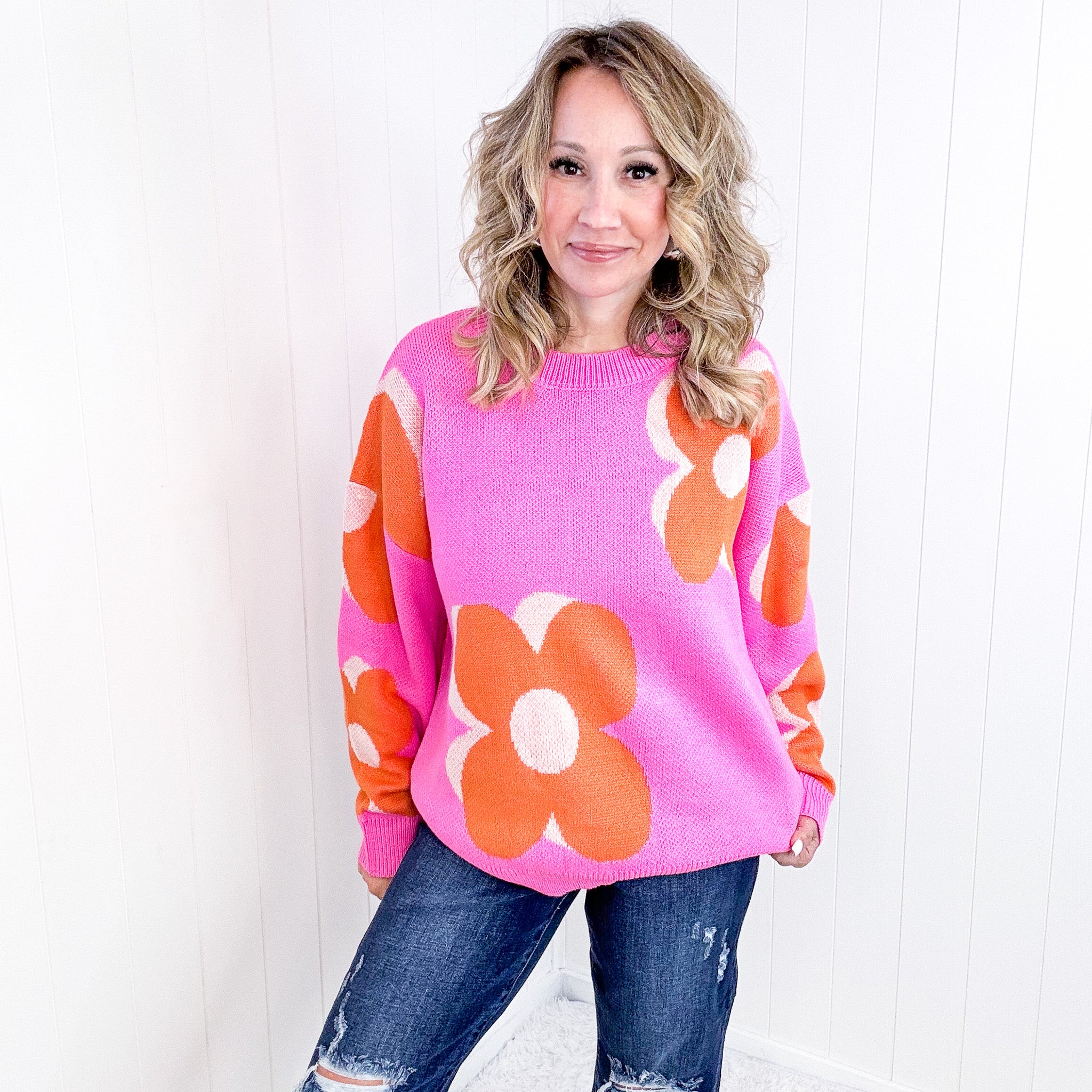 Hot Pink Floral Sweater, Mod Orange - Bold and Quiet