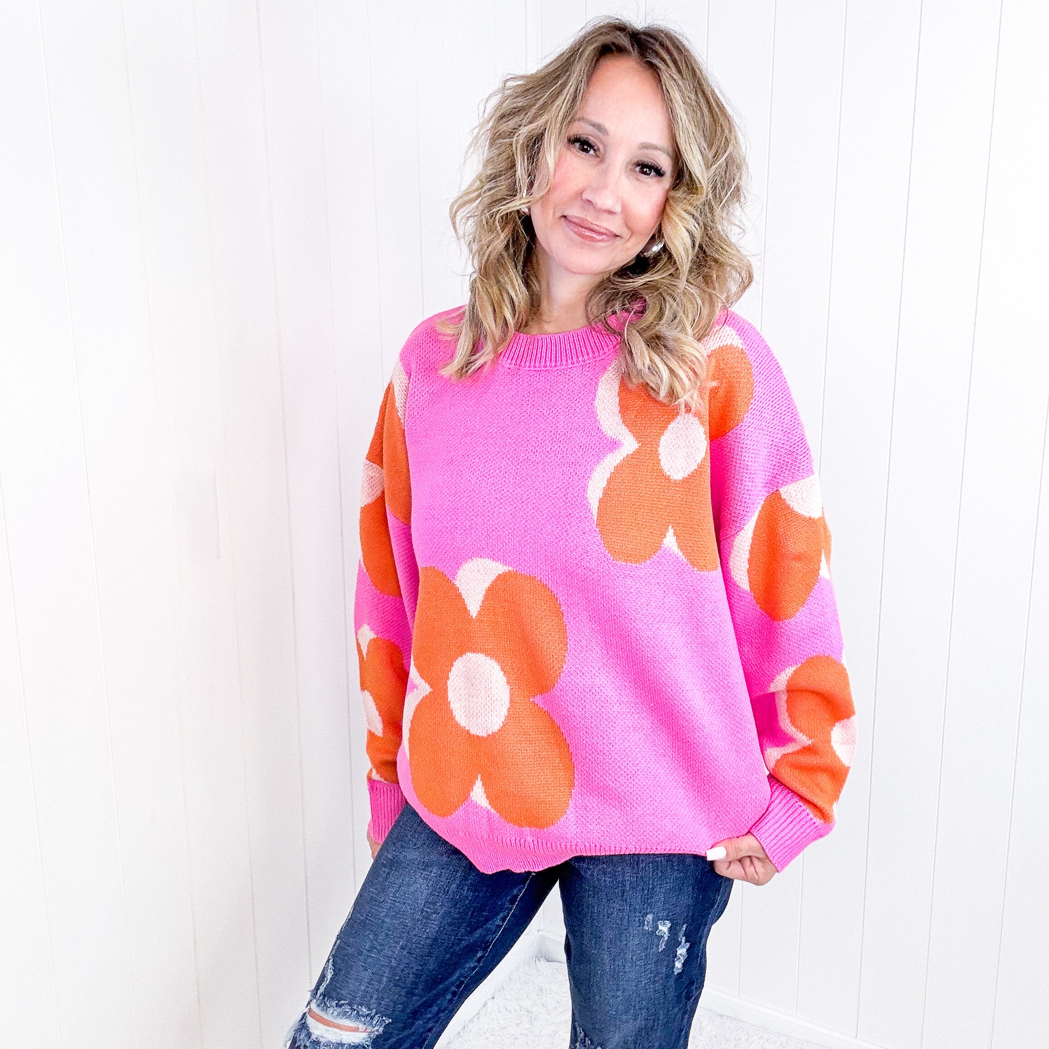 Hot Pink Floral Sweater, Mod Orange - Bold and Quiet