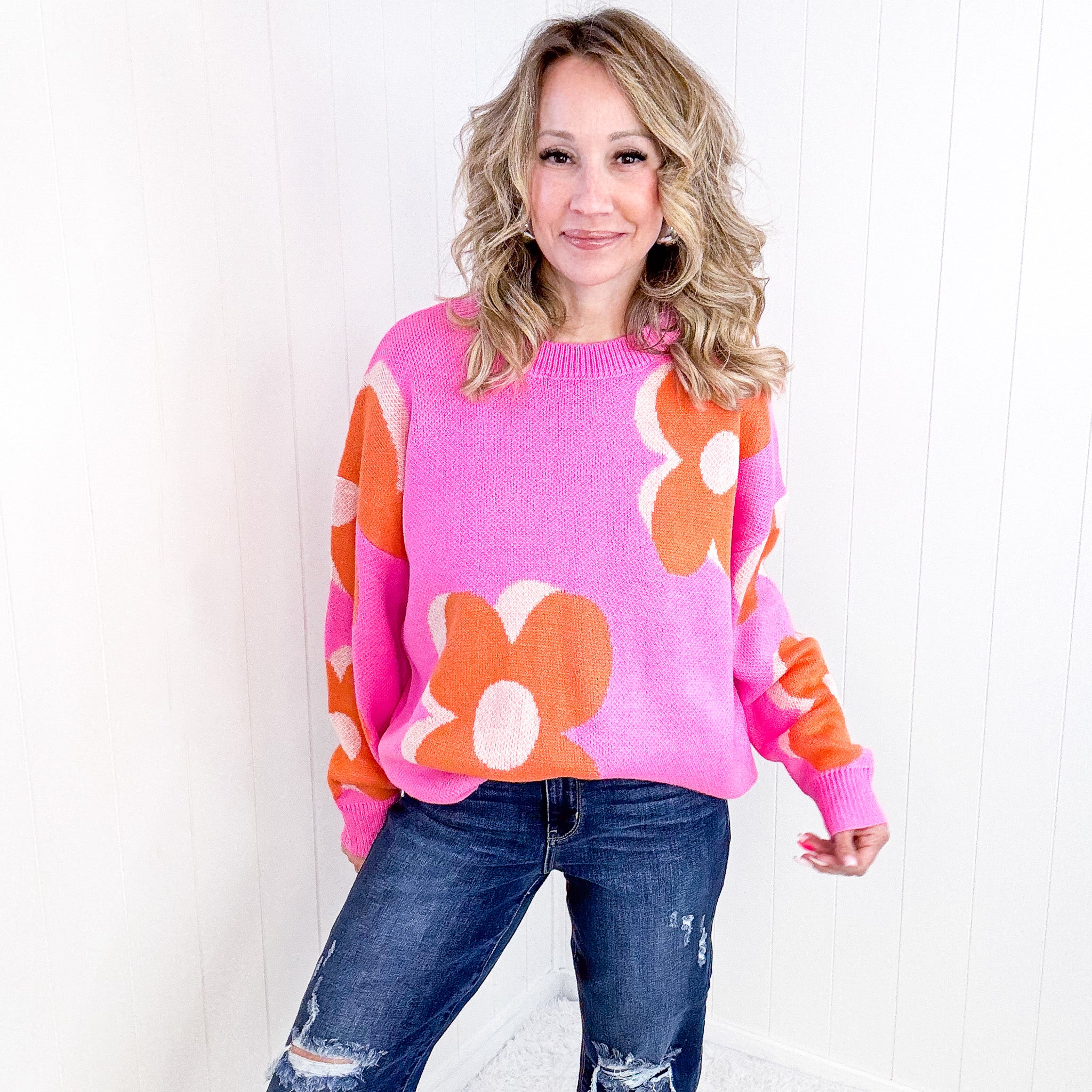 Hot Pink Floral Sweater, Mod Orange - Bold and Quiet