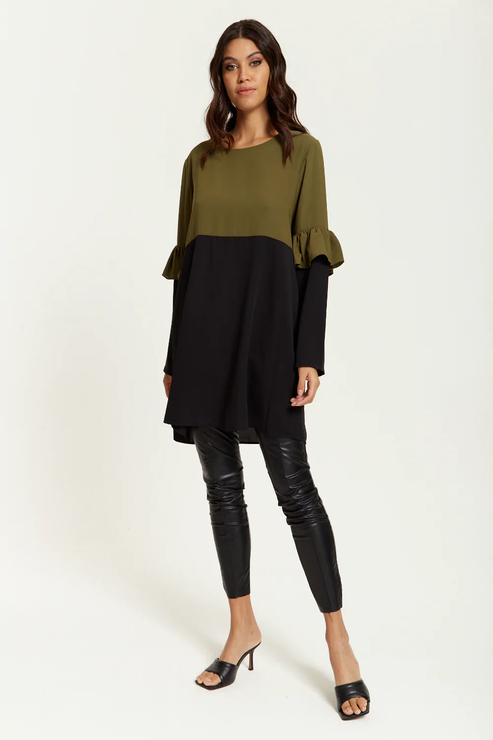 Hoxton Gal Satin Tunic With Frill Sleeve - Color Block