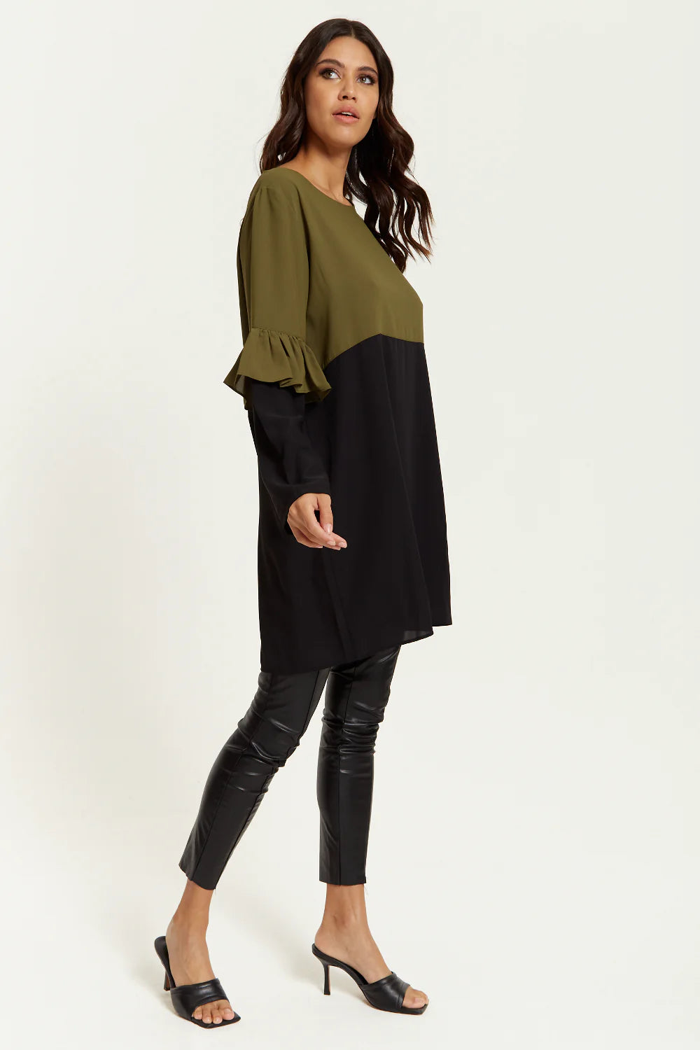 Hoxton Gal Satin Tunic With Frill Sleeve - Color Block