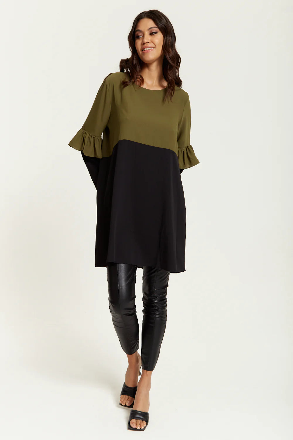 Hoxton Gal Satin Tunic With Frill Sleeve - Color Block