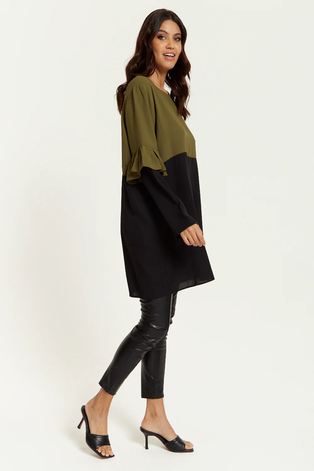 Hoxton Gal Satin Tunic With Frill Sleeve - Color Block