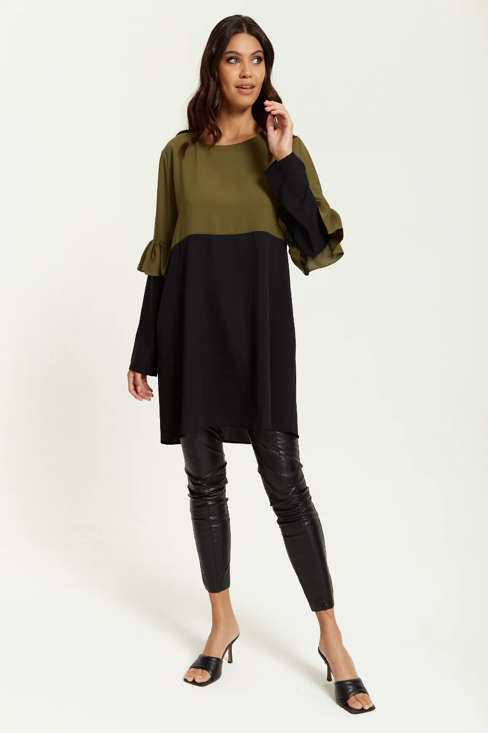 Hoxton Gal Satin Tunic With Frill Sleeve - Color Block