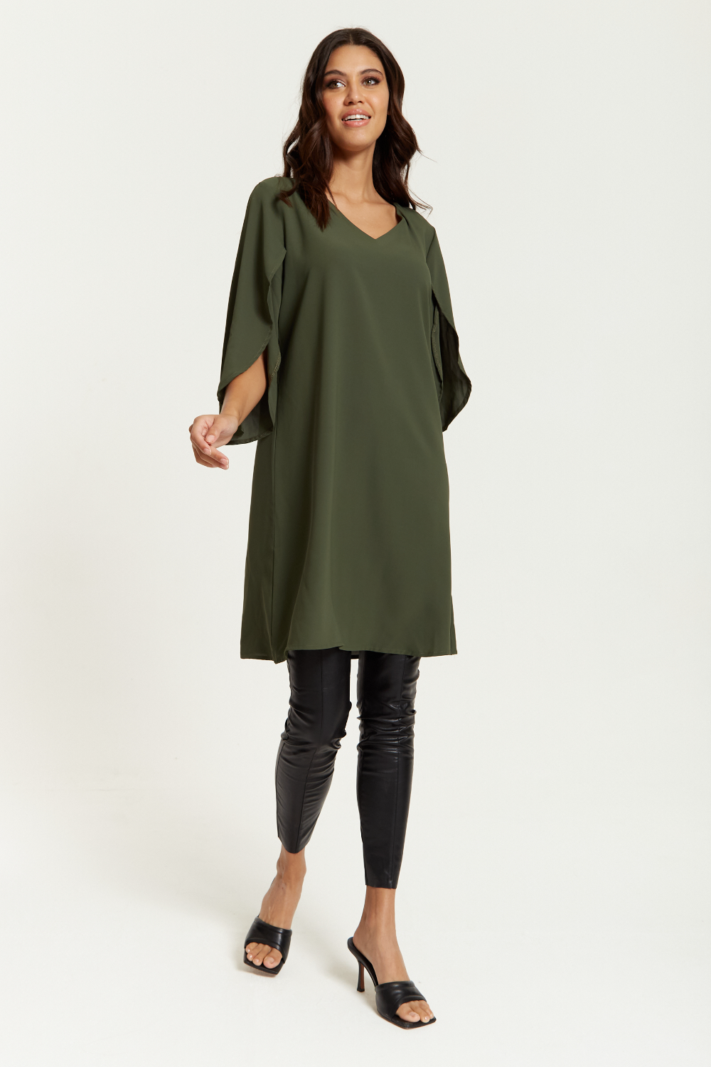 Hoxton Gal Satin Tunic with V Neck and Oversized Detail.