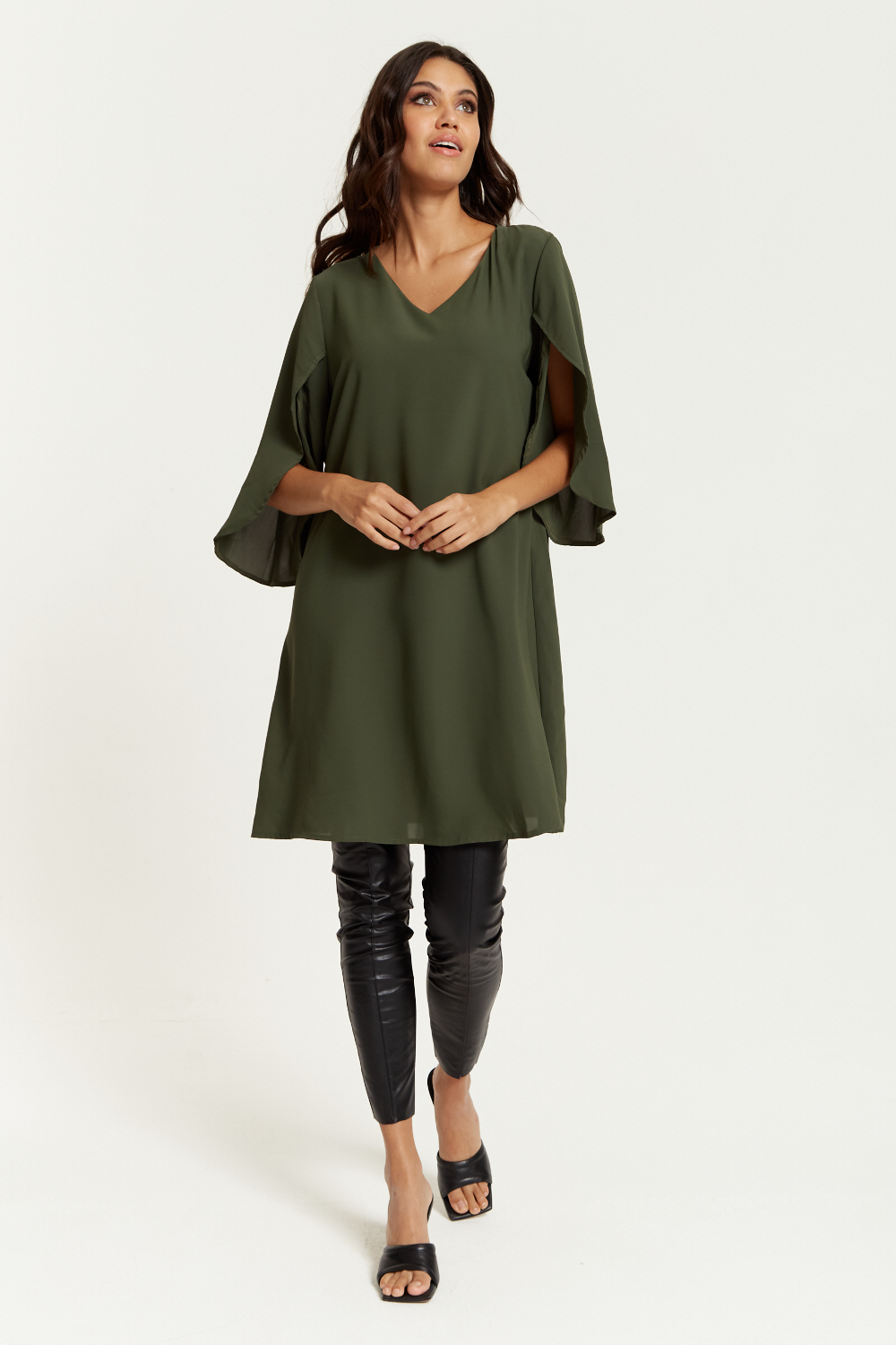 Hoxton Gal Satin Tunic with V Neck and Oversized Detail.