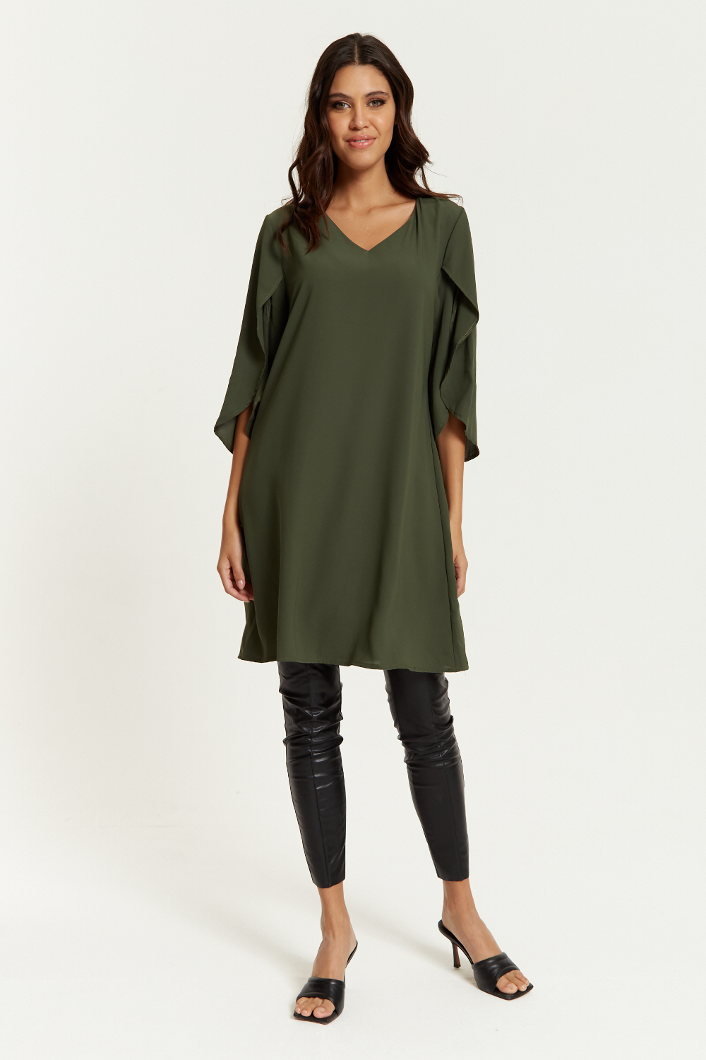 Hoxton Gal Satin Tunic with V Neck and Oversized Detail.