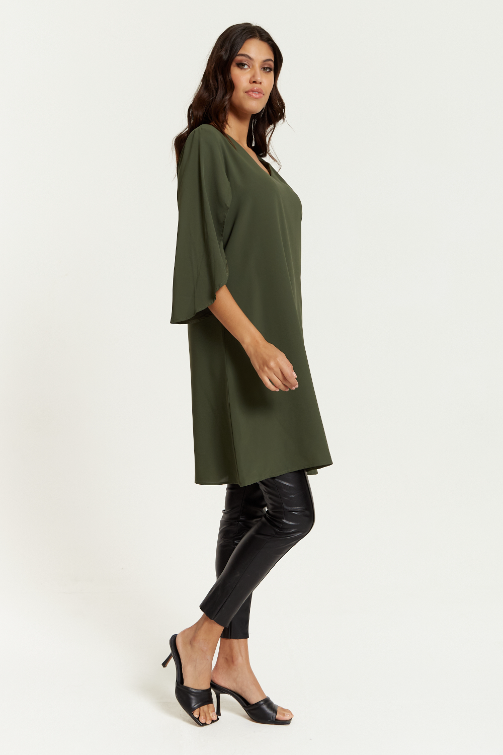 Hoxton Gal Satin Tunic with V Neck and Oversized Detail.