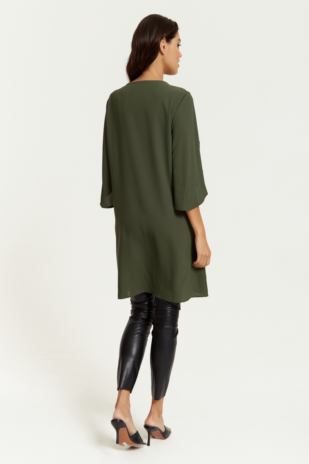 Hoxton Gal Satin Tunic with V Neck and Oversized Detail.