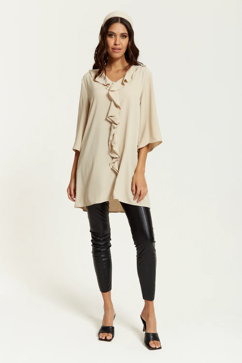 Hoxton Gal Tunic - Relaxed Fit, 3/4 Sleeve, Frilled Front Detail