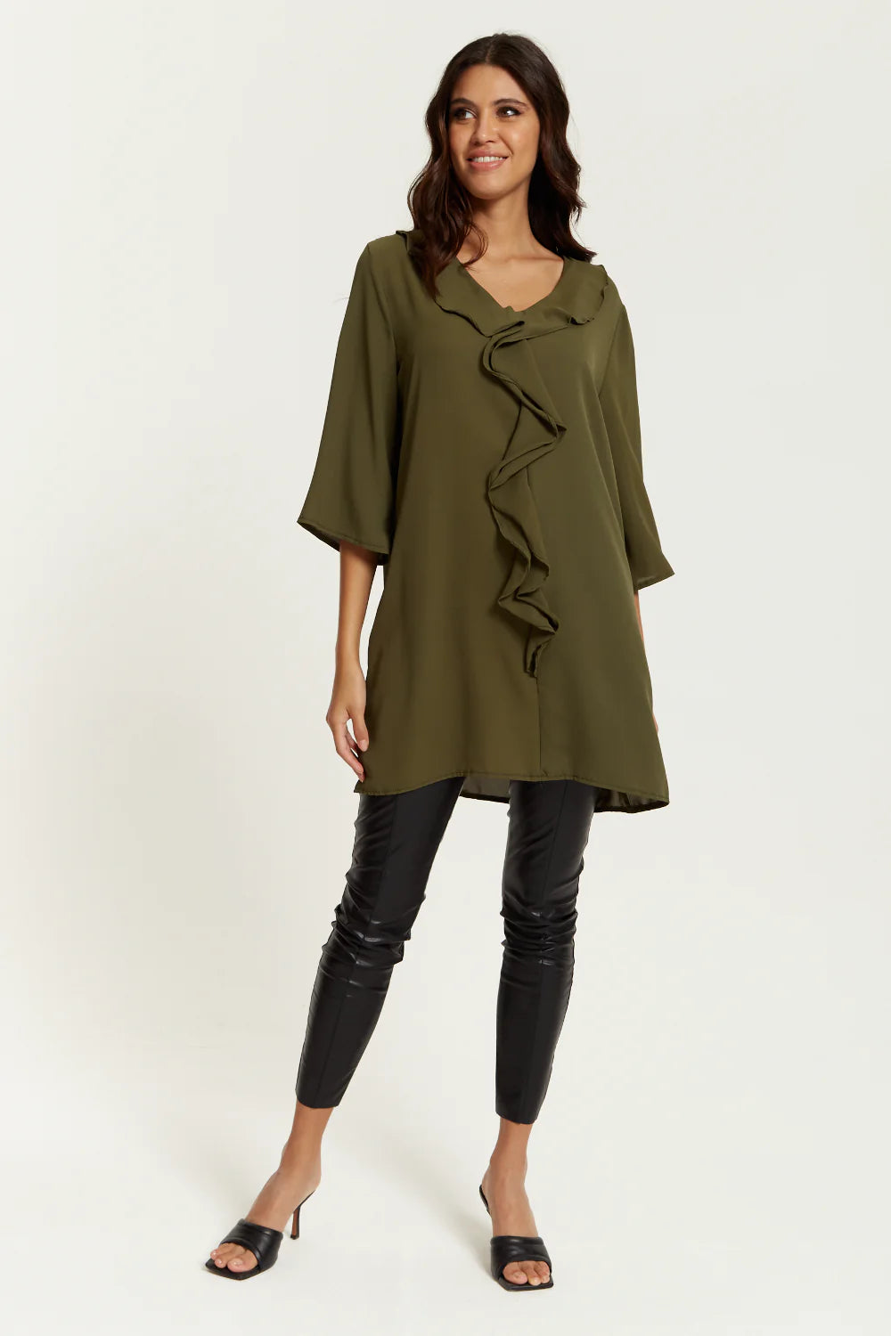 Hoxton Gal Tunic - Relaxed Fit, 3/4 Sleeve, Frilled Front Detail